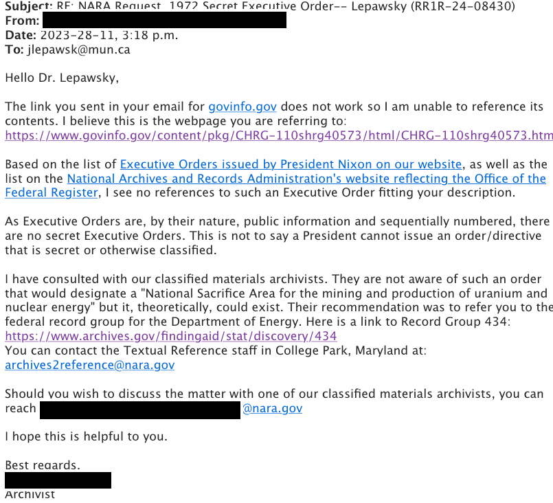 Screenshot of an email exchange between a Nixon library archivist and myself.