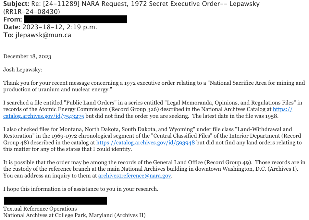 Screenshot of email exchange between myself and archivist at College Park, Maryland.