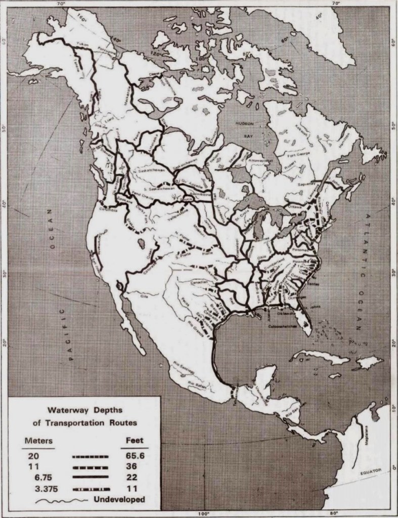 A black-and-white map published by Technocracy Inc. The map shows the Technate of America with a system of continent spanning engineered waterways that connect what is today Alaska in the Yukon to the southern tip of Florida as well as south along the gulf coast to the Panama canal.