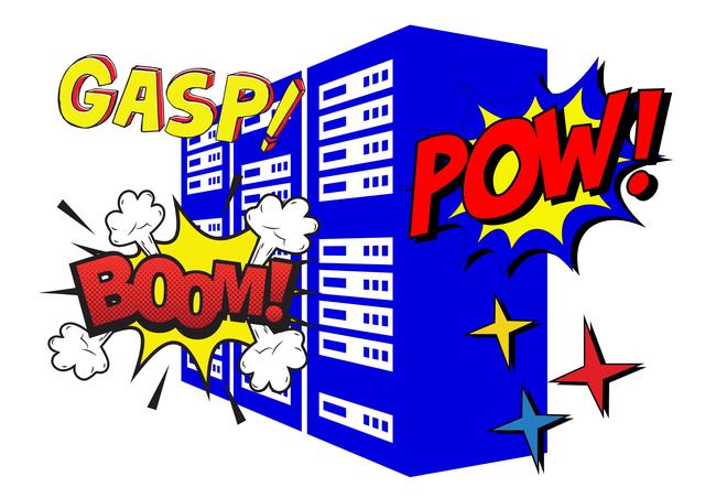A blue coloured icon of a data server, surrounded with comic-book style words 'Gasp!', 'Boom!' and 'Pow!' in colours of yellow and red.
