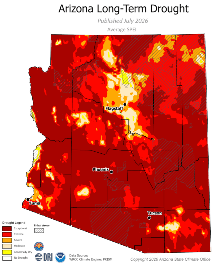 Long-term Drought Conditions
Quarterly Drought Status Update: April - June 2026
June 2026 Long Term Drought Map
Arizona saw its 6th hottest and 37th driest April to June on record this year in addition to its 2nd hottest and 20th driest past 4 years on record (July 2022 to June 2026). Exceptional (D4) and Extreme (D3) long-term drought was found in every county. Severe (D2) long-term drought was recorded in Coconino, Navajo, and Apache counties and in small areas of Yavapai, Cochise, Maricopa, and Yuma counties. Moderate (D1) long-term drought was measured largely in Coconino County and in small portions of Navajo, Apache, Pima, Cochise, Maricopa, Yavapai, and Yuma counties.